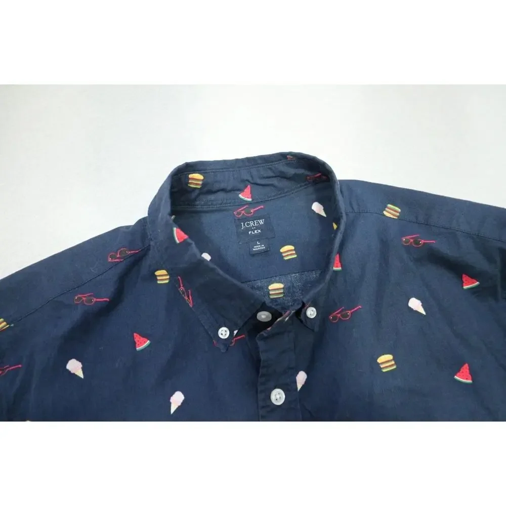 J Crew Flex Button Up Graphic Dress‎ Shirt Dark Blue Short Sleeve Mens Sz Large